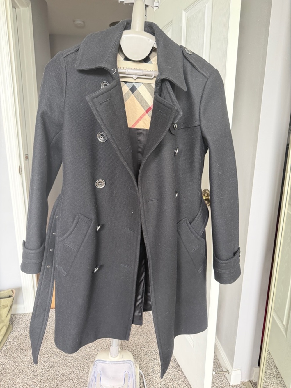 Burberry Black Wool Blend Coat with Signature Label